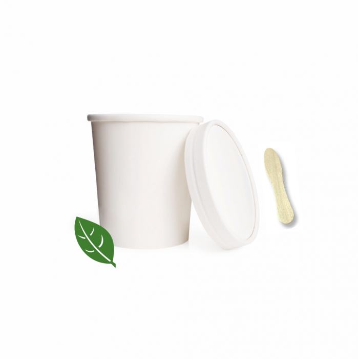 Eisbecher Set weiß aus Pappe (Becher + Deckel + Holzlöffel) 145ml Kraft/PLA für Eisautomaten